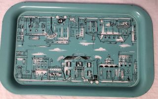 Vintage 1960s Metal Tray Victorian City Street Turquoise Serving
