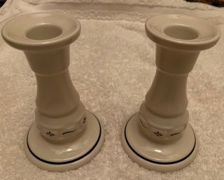 Longaberger Pottery Blue Woven Traditions Set Of 2 Candle Stick Holders Usa