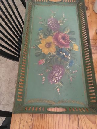 Vintage Metal Serving Tray Toleware Hand Painted Green With Flowers 12.  5”x24.  5”