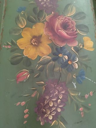 Vintage Metal Serving Tray Toleware Hand Painted Green With Flowers 12.  5”x24.  5” 2