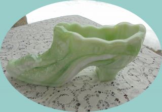 Vintage Kanawha Hand Crafted Slag Art Glass Green/white Cabbage Rose Shoe