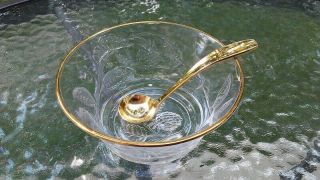 Glass Serving Bowl Dish W/ Gold Plated Spoon Embossed Berry Vine Made In France
