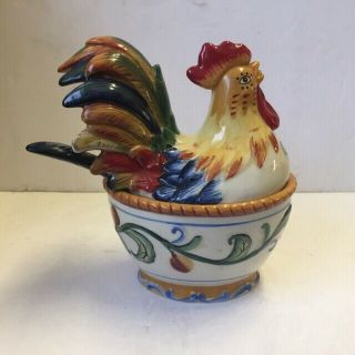 Rooster Hen Figurine 3 Piece Sauce Boat Fitz & Floyd Ricamo Hand Painted