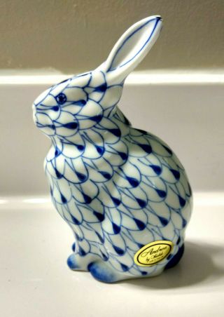 Vintage Andrea By Sadek Handpainted Blue White Porcelain Rabbit