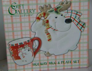 Vintage Fitz Floyd Christmas Holiday Cup Mug Plate Reindeer Mib