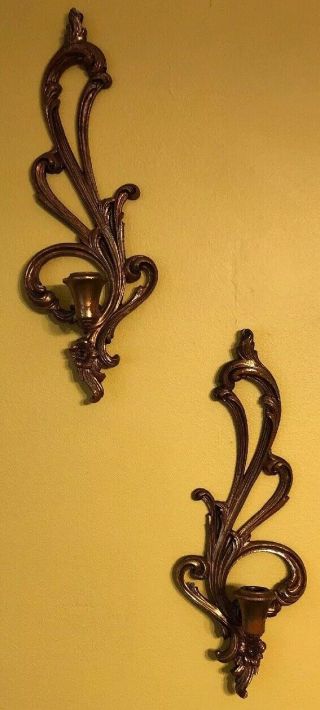 Vintage Mcm 16” Gold Scroll Syroco Wood Wall Candle Holders Hollywood