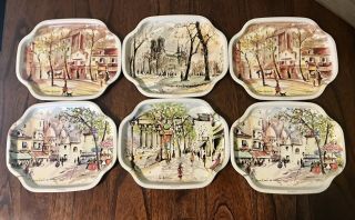 Six Vintage Elite Metal Snack Trays With Parisian Scenes Made In England