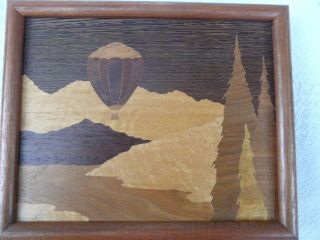 Wood Inlay Marquetry Framed Hot Air Balloon Mountain Art Western Art
