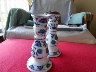 2 Vienna Woods Blue / White China Candle Holders Candlesticks 6 In.