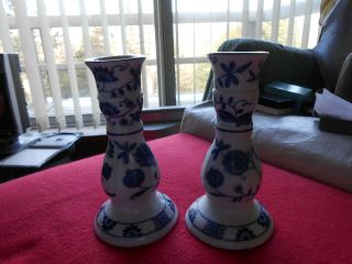 2 Vienna Woods Blue / White China Candle Holders Candlesticks 6 in. 2