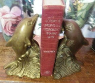 Vintage Pair Solid Brass Metal Dolphin Nautical Bookends 7 - 1/8 " Tall Riding Waves