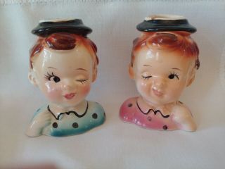 Pair Vintage Ceramic Winking Girl Candle Holders Ucago?