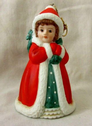 1991 Girl W/ Red Coat & Gifts Enesco Christmas Bell Ornament By Marjorie Sarnat