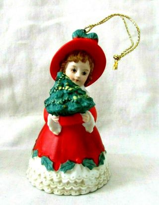 1991 Girl W/ Red Dress & Tree Enesco Christmas Bell Ornament By Marjorie Sarnat