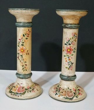 Vtg Latinex Floral Flower Painted 8 " Candle Holders Handmade In Peru