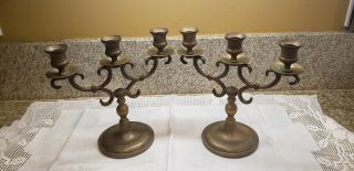 Two Vintage Solid Brass Metal 3 Arm Candelabra Candlestick Holders 8.  5” Tall