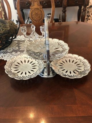 Vintage 3 Tier Foling Metal Candy Tray With Scalloped Edges.  Great For Holidays