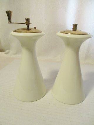 Vintage Lenox Pepper Mill & Salt Shaker Ivory With Brass Tops 5 Inches Tall