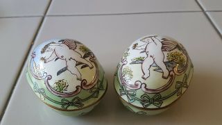 2 Porcelain Trinket Boxes,  Egg Shape Cherubs On Removable Lids Enamel & Brass