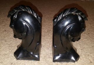 Vtg Black Horse Knights Bookends Pair Heads 6 - 1/8”