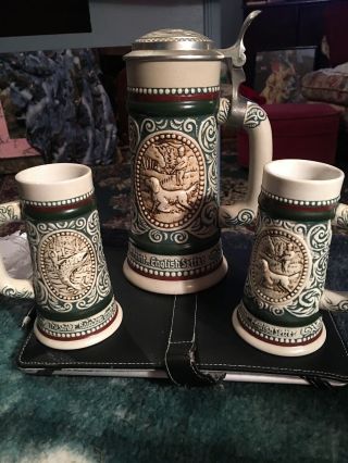 1978 Hunting & Fishing Lidded Stein W/2 Small 1983 Mugs Handcrafted In Brazil