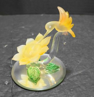 Hummingbird In Flight Blown Glass Yellow Flower Figurine Mirror Base