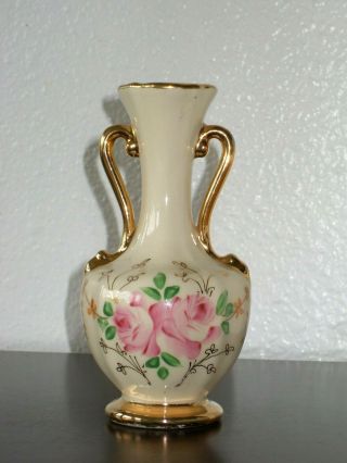 Vintage 2 Handled Hand Painted Bud Vase 6 " Inches Pink Roses & Gold