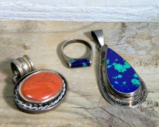 Vtg/fashion Jewelry/silver Metal Pendant/ring/azurite & Rust Brown Stone/boho/ 3