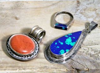 Vtg/Fashion Jewelry/Silver Metal Pendant/Ring/Azurite & Rust Brown Stone/BoHo/ 3 3