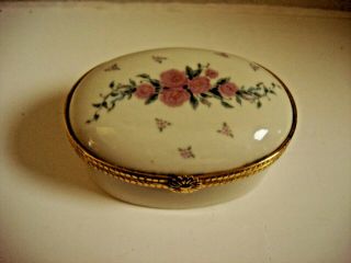 Porcelain Lenox Limoge Hinged Trinket Box W/floral Pink/green,  Gold Trim - 3 "