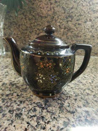 Vintage Brown Ceramic Teapot With Handpainted Floral Design Japan (?)