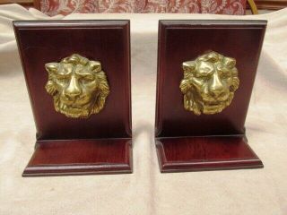 Vintage Wooden Bookends With Brass Lion Head