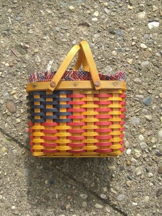 Longaberger Patriotic Small Double Handle Picnic Basket W/ Plastic& Fabric Liner