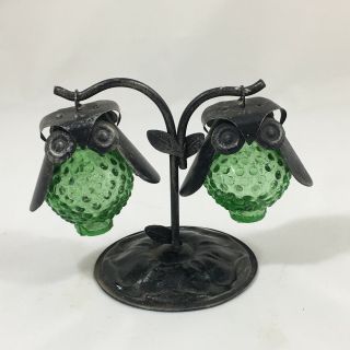 Vintage Hobnail Hanging Owl Salt And Pepper Shakers Green Glass Collectible