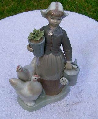 Lladro Figurine Of Girl With Watering Can Plant And Chickens