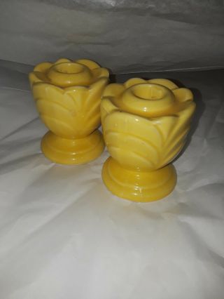 Set Of 2 Vintage Old Yellow Floral Candle Stick Holders