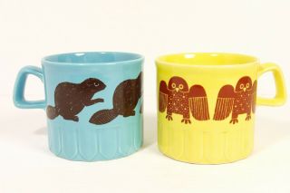 2x Royal Alma England Vintage Mugs Cups Blue Beaver Yellow Owl Canadian