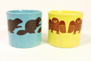 2X Royal Alma England Vintage Mugs Cups Blue Beaver Yellow Owl Canadian 2