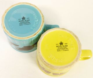 2X Royal Alma England Vintage Mugs Cups Blue Beaver Yellow Owl Canadian 3