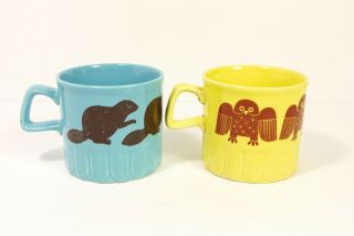 2X Royal Alma England Vintage Mugs Cups Blue Beaver Yellow Owl Canadian 5