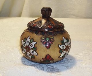 Vintage Wood Carved & Painted Small Round Trinket Box With Lid 2 1/2 " High Vgc