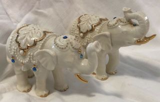 Lenox Porcelain Elephant Salt & Pepper Shakers Blue Crystals Gold Trim Stoppers