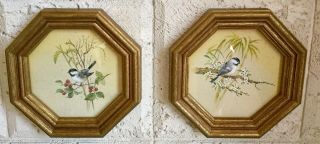 Set Of 2 Vintage Octagonal Framed Bird Prints (chickadees) By Homco 1982