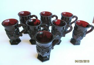 Avon Cape Cod Ruby Red Glass Footed Mugs (8),  Made By Fostoria Glass