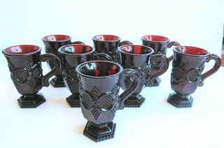 AVON CAPE COD RUBY RED GLASS FOOTED MUGS (8),  Made By FOSTORIA GLASS 2