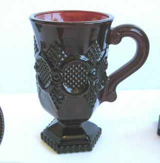 AVON CAPE COD RUBY RED GLASS FOOTED MUGS (8),  Made By FOSTORIA GLASS 3
