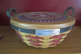5 Pc 2005 Longaberger Inaugural Eagle Fabric Plastic Lined Basket W Pewter Pin
