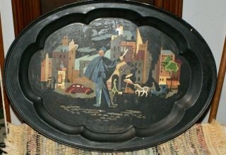 Vintage Oval Black Colored Metal Serving Tray With A Street Scene In France