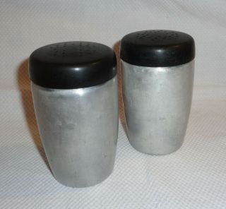 Vtg West Bend Aluminum Salt Pepper Shakers Set Black Tops - Mid Century