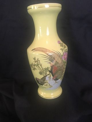 Oriental Asian Vase Lime Green Gold Edge Tall 10 Inch Painted Vintage Pheasant